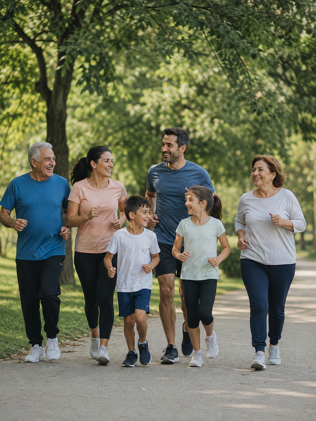 Parkta birlikte koşan sağlıklı bir aile